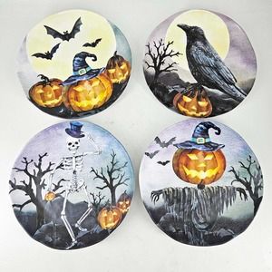 4 Halloween melamine crow jack o' lantern bat skeleton dessert bread plates